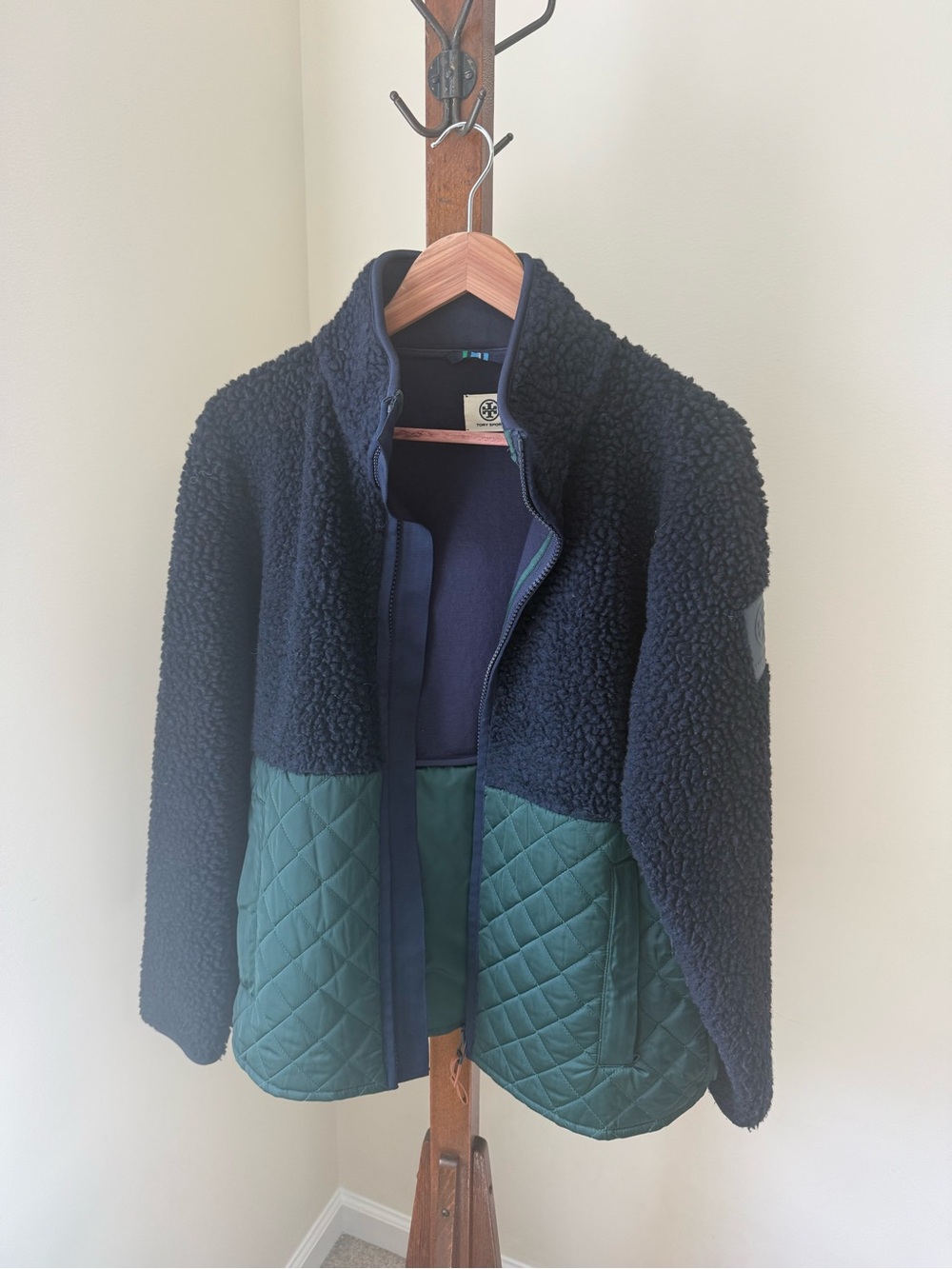 Tory Burch Navy Sherpa Jacket with Quilted Green Panels